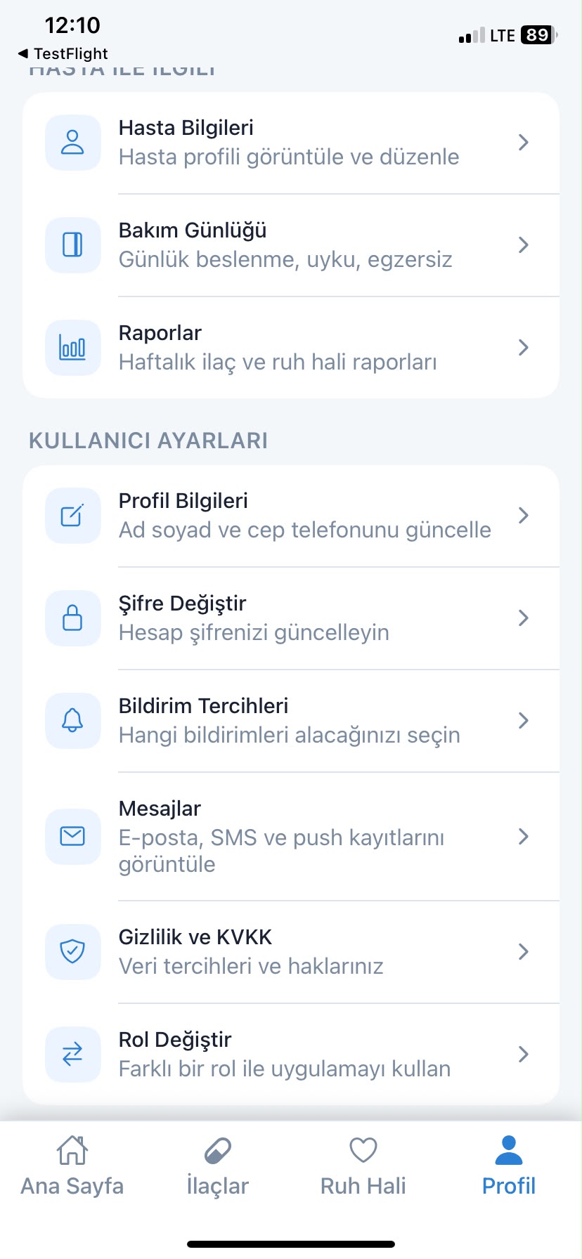 Myos uygulaması profil ekranı